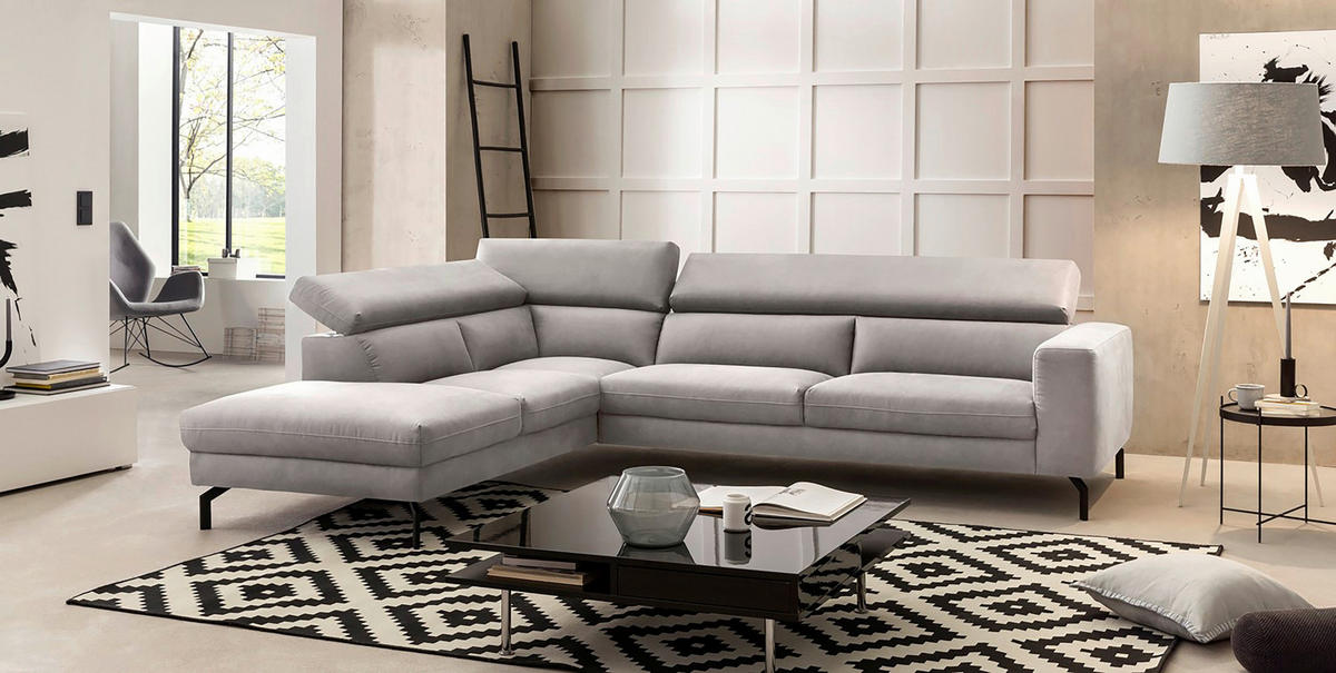 ECKSOFA CALIFORNIA Silberfarben Mikrofaser  - Silberfarben/Schwarz, MODERN, Textil/Metall (233/305cm) - Trendmanufaktur