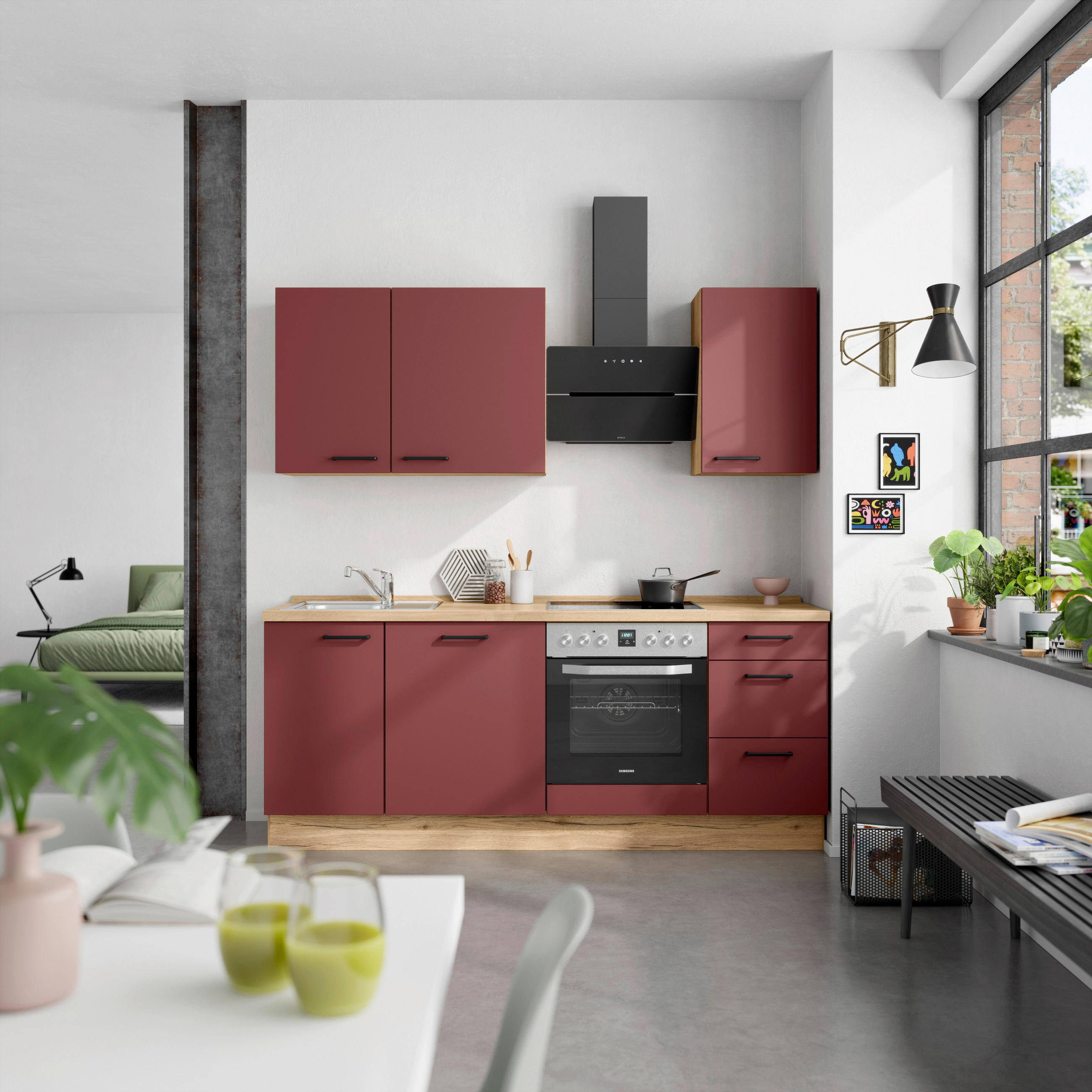 KÜCHENLEERBLOCK 210 cm   in Rot, Eichefarben  - Eichefarben/Rot, MODERN, Holzwerkstoff/Metall (210cm) - Nobilia