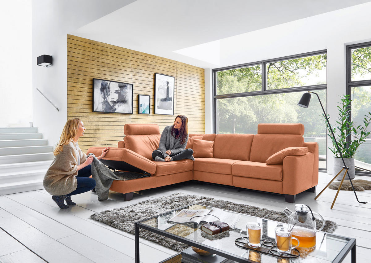 ECKSOFA in Echtleder Cognac  - Eichefarben/Cognac, Design, Leder/Holz (235/259cm) - Valdera