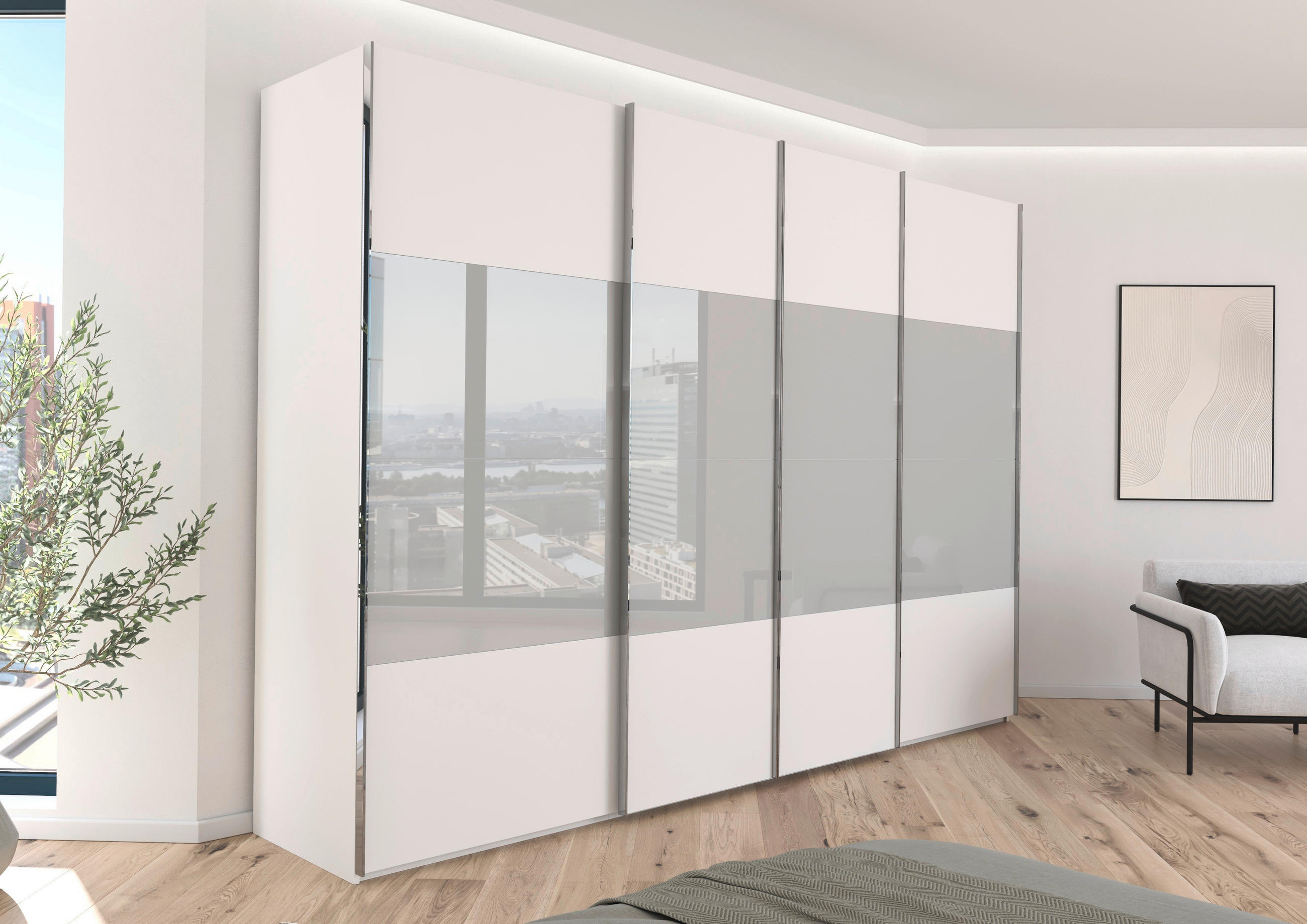 SCHWEBETÜRENSCHRANK 316/223/68 cm 4-türig Grau, Weiß  - Chromfarben/Weiß, KONVENTIONELL, Glas/Holzwerkstoff (316/223/68cm) - Novel