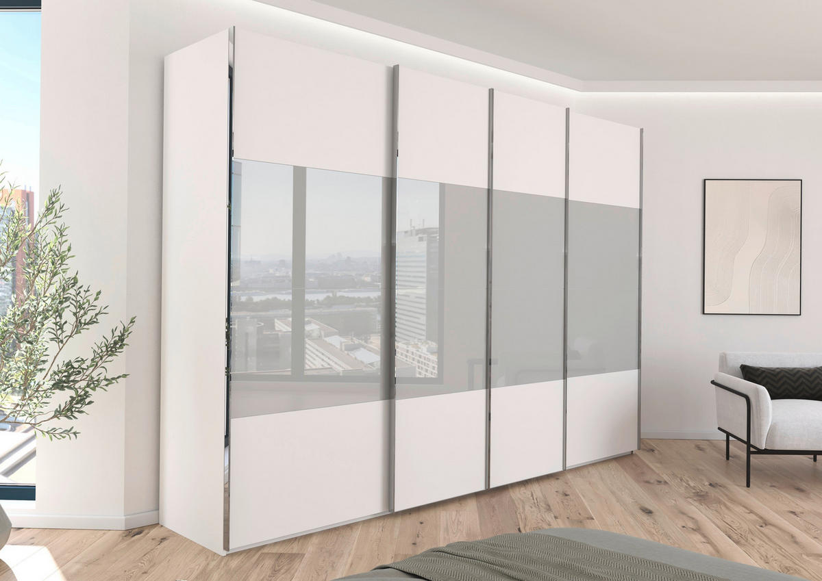 SCHWEBETÜRENSCHRANK 316/223/68 cm 4-türig Weiß, Seidengrau  - Chromfarben/Seidengrau, KONVENTIONELL, Glas/Holzwerkstoff (316/223/68cm) - Novel