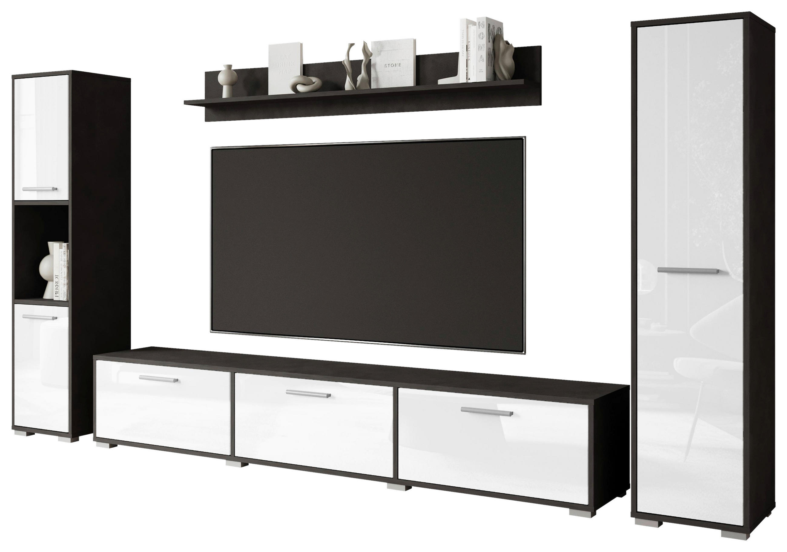 HYLLKOMBINATION 4 delar  i antracit, vit högglans  240/130/31 cm  - vit högglans/grå, Basics, trämaterial/plast (240/130/31cm) - MID.YOU