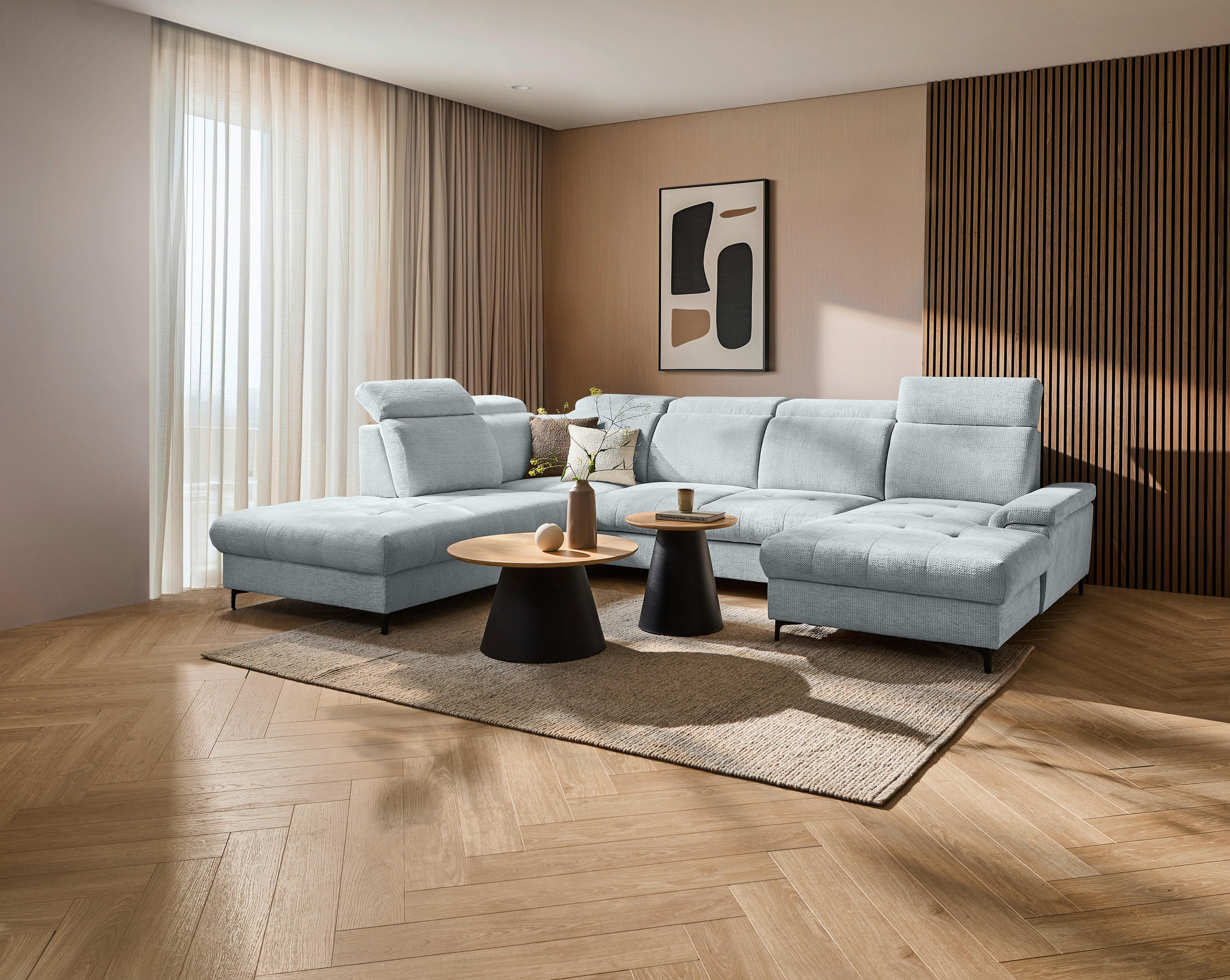 WOHNLANDSCHAFT Hellgrau Struktur  - Hellgrau/Schwarz, Design, Textil/Metall (270/364/190cm) - Stylife