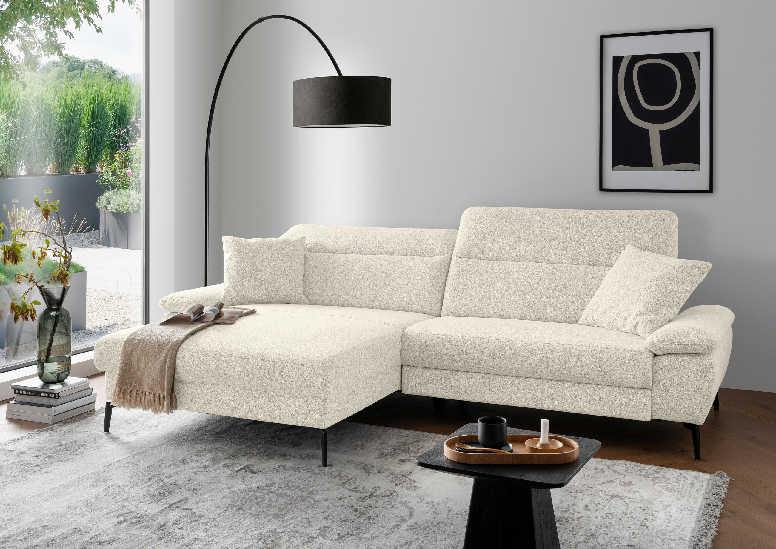 ECKSOFA Struktur Creme  - Creme/Schwarz, Konventionell, Textil/Metall (178/300cm) - Livetastic