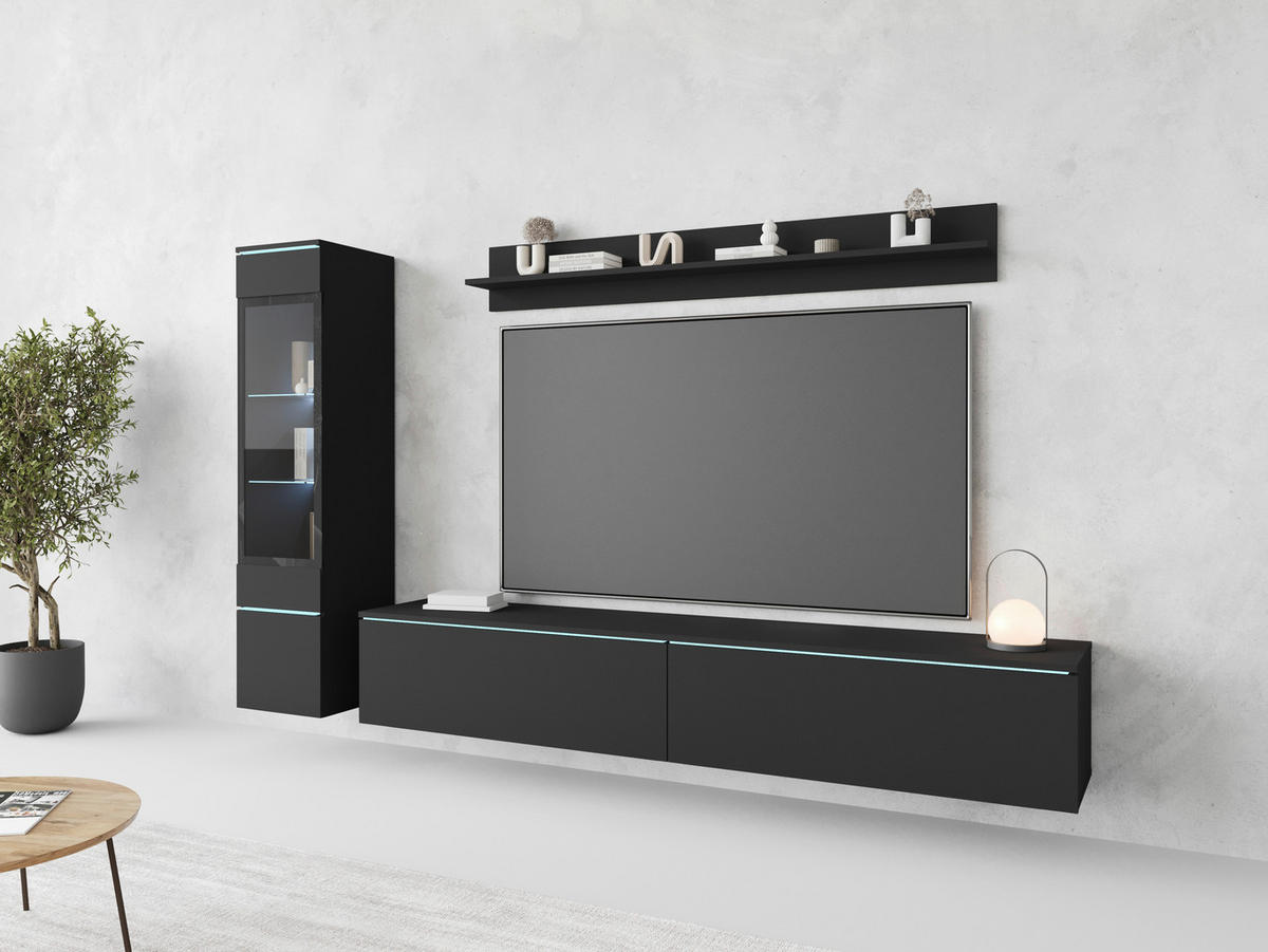 WOHNWAND 3-teilig  in Graphitfarben 210/130/33 cm  - Schwarz/Graphitfarben, Basics, Glas/Holzwerkstoff (210/130/33cm) - P & B