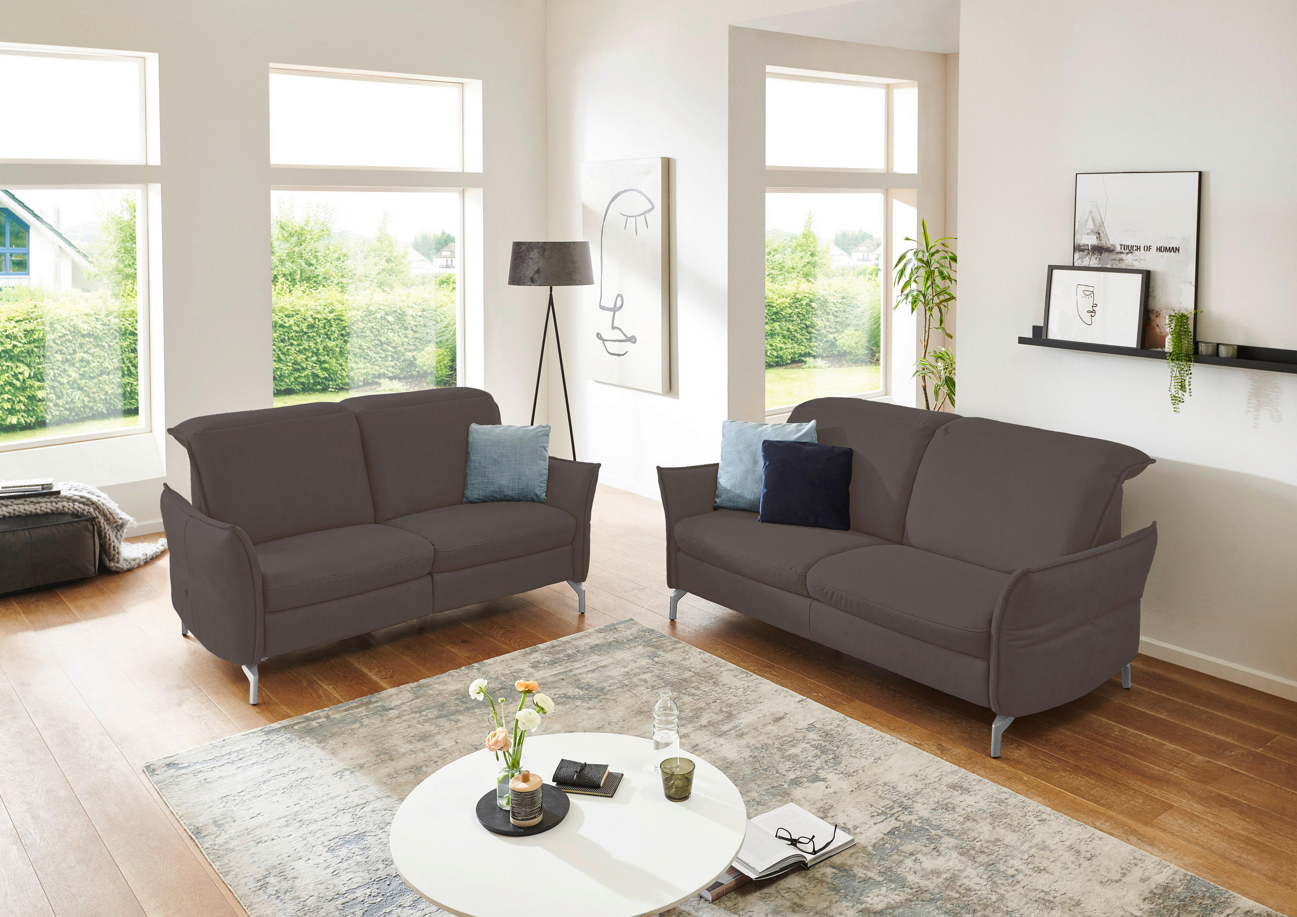 2,5-SITZER Lederlook (vegan) Grau  - Grau/Nickelfarben, MODERN, Textil/Metall (185/89/109cm) - Livetastic