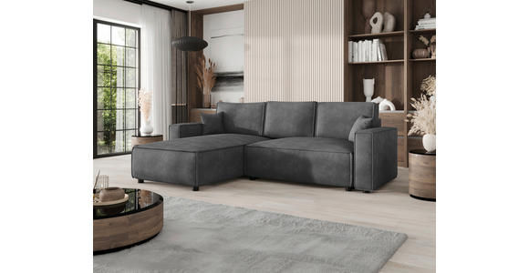 ECKSOFA Dunkelgrau Cord Zierkissen, Rückenkissen, Bettkasten, Schlaffunktion, Rücken echt, Liegefläche im Originalstoff  - Dunkelgrau/Schwarz, MODERN, Kunststoff/Textil (190/280cm) - Carryhome