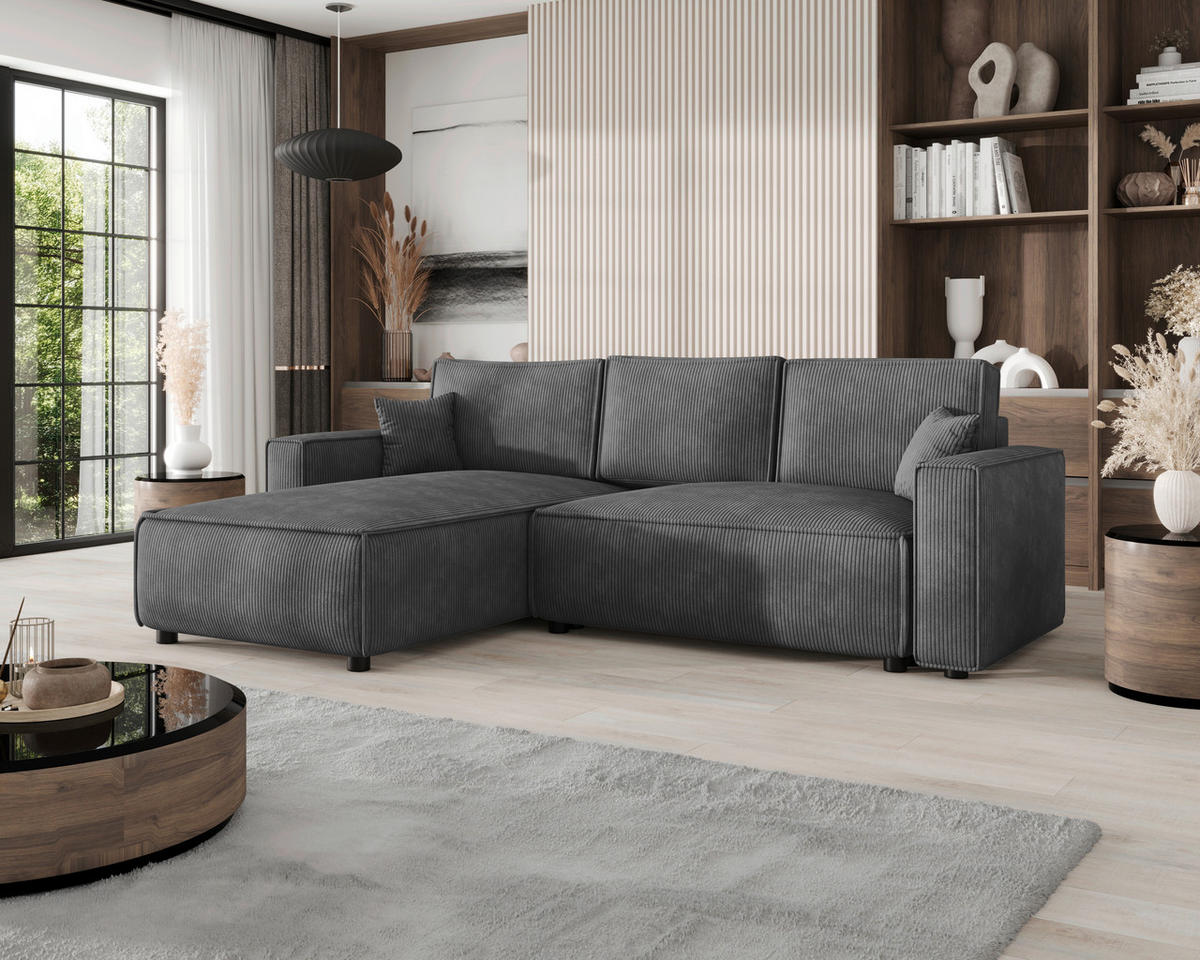 ECKSOFA Dunkelgrau Cord Zierkissen, Rückenkissen, Bettkasten, Schlaffunktion, Rücken echt, Liegefläche im Originalstoff  - Dunkelgrau/Schwarz, MODERN, Kunststoff/Textil (190/280cm) - Carryhome