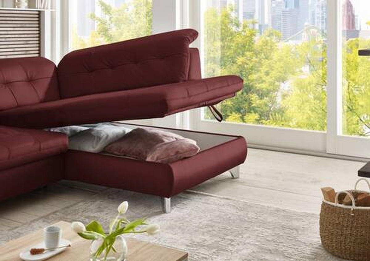 ECKSOFA in Echtleder Brombeere  - Brombeere/Alufarben, Design, Leder/Metall (309/211cm) - Beldomo Speed
