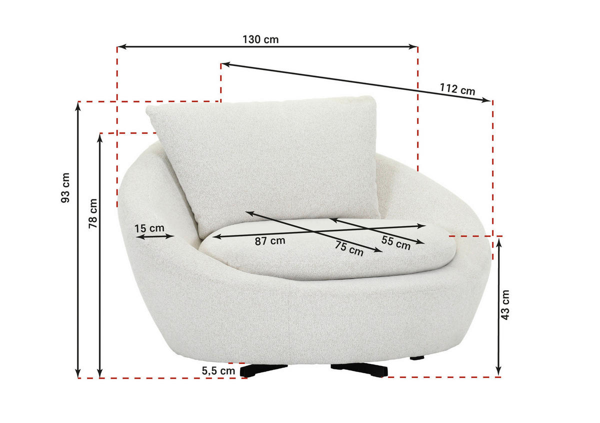 SESSEL in Flachgewebe Creme  - Creme/Schwarz, Design, Textil/Metall (130/78/112cm) - Lomoco