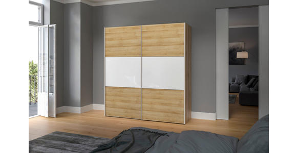 SCHWEBETÜRENSCHRANK  in Weiß, Eichefarben  - Edelstahlfarben/Eichefarben, Design, Glas/Holzwerkstoff (203/215/65cm) - Carryhome