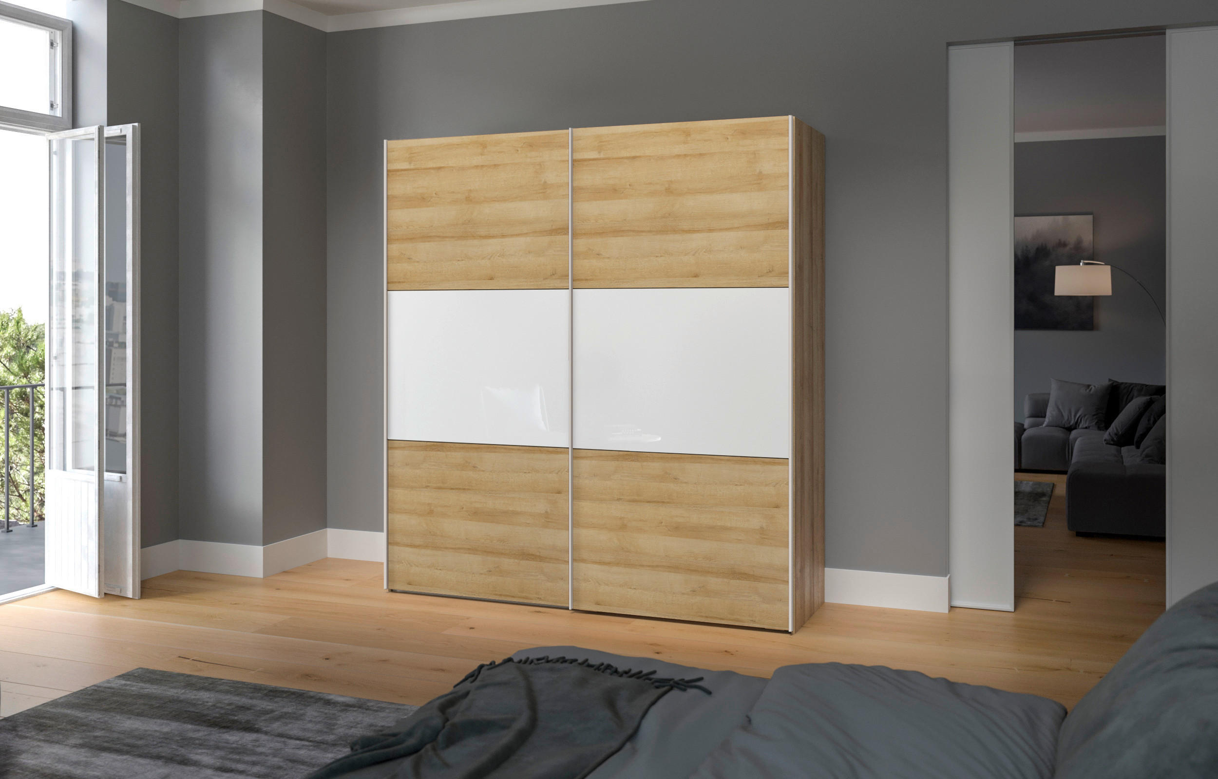 SCHWEBETÜRENSCHRANK 203/215/65 cm 2-türig Weiß, Eichefarben - Edelstahlfarben/Eichefarben, Design, Glas/Holzwerkstoff (203/215/65cm) - Boxxx