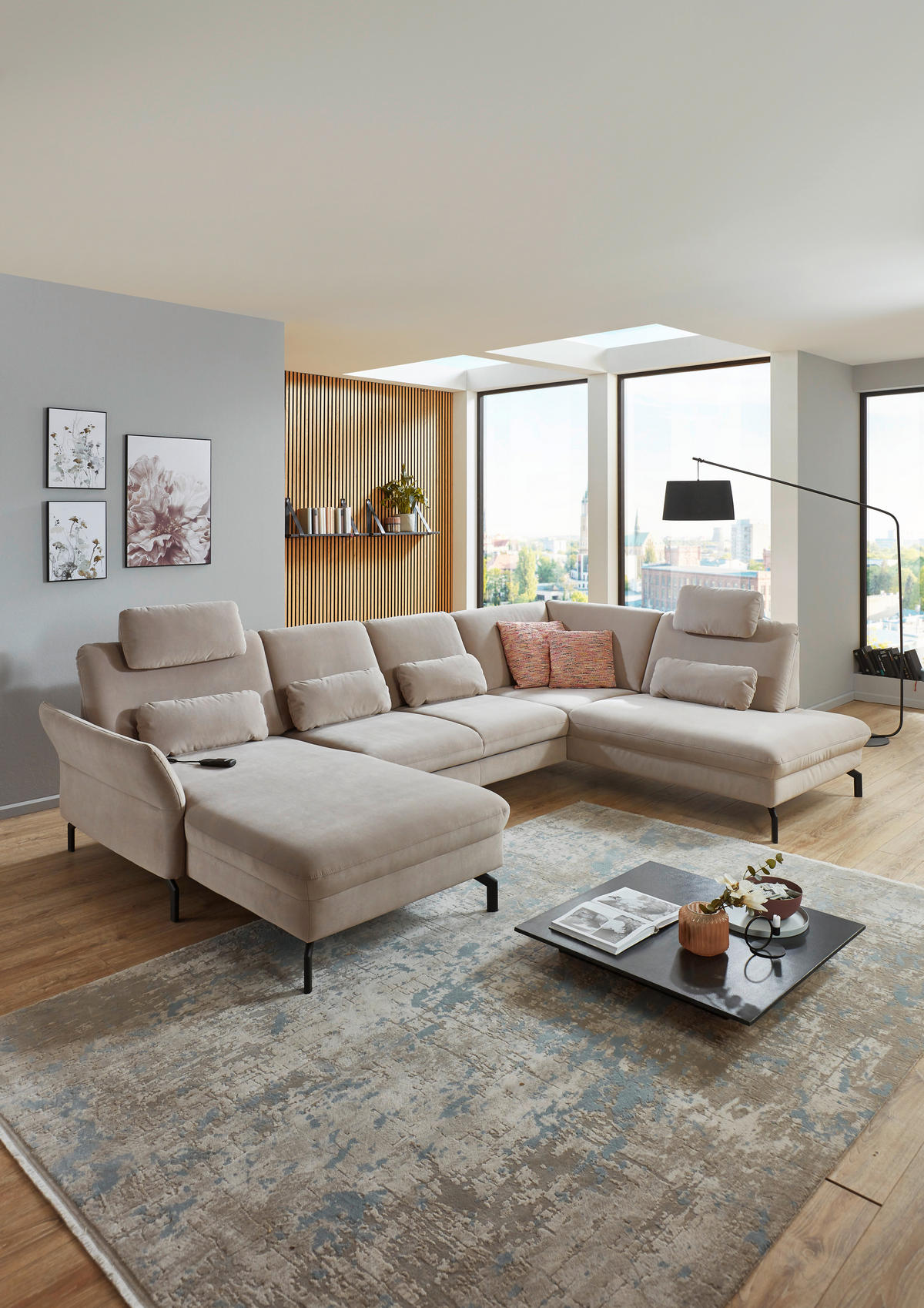 WOHNLANDSCHAFT Graubraun Velours  - Graubraun/Schwarz, Design, Textil/Metall (179/335/220cm) - Beldomo System