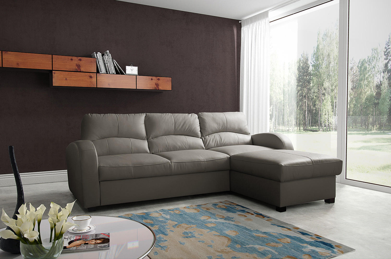 ECKSOFA Schlammfarben Echtleder Lederlook  - Schlammfarben/Schwarz, Design, Leder/Kunststoff (227/168cm) - Livetastic
