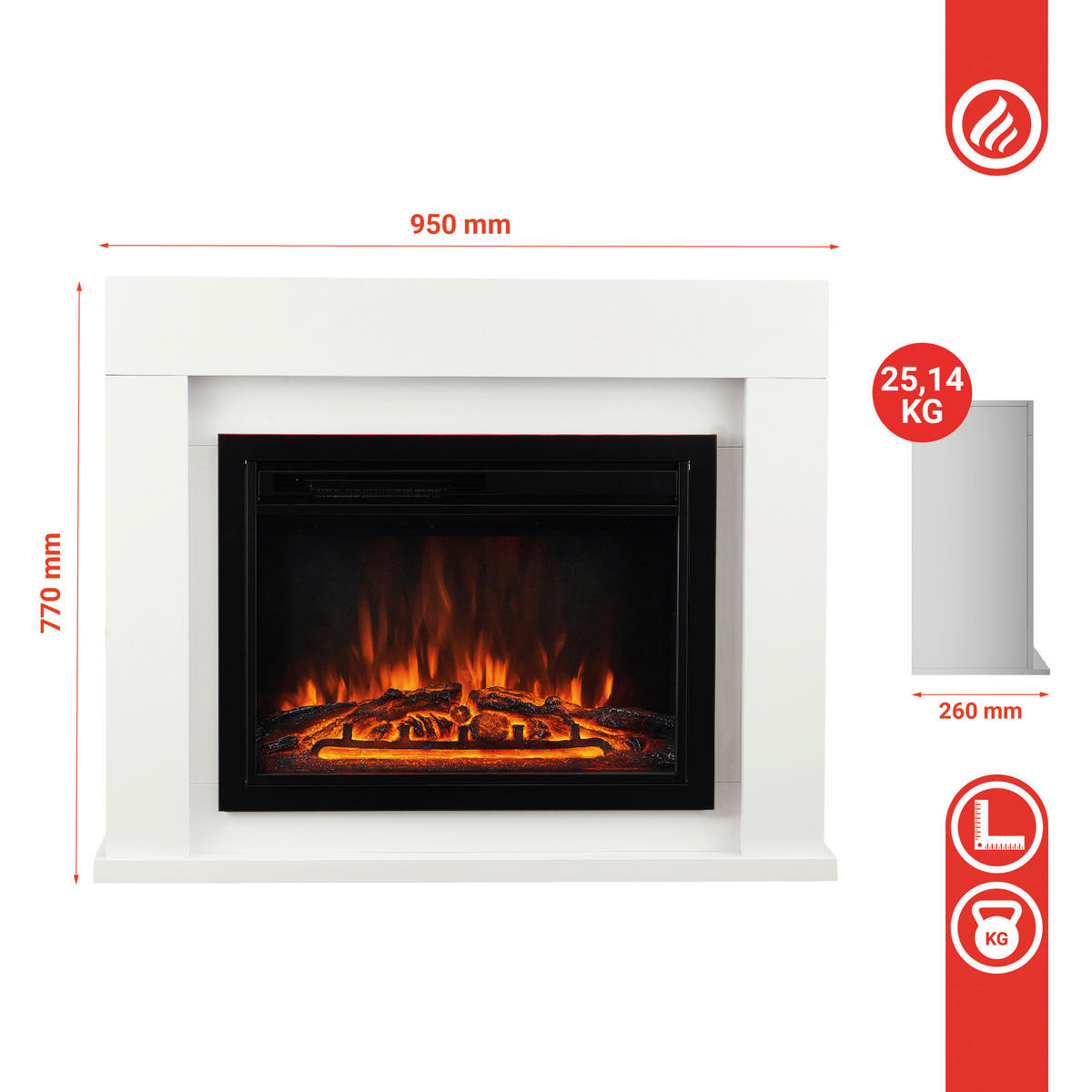 ELEKTROKAMIN - Weiß, Basics, Glas/Holzwerkstoff (95,0/77,0/26,0cm)
