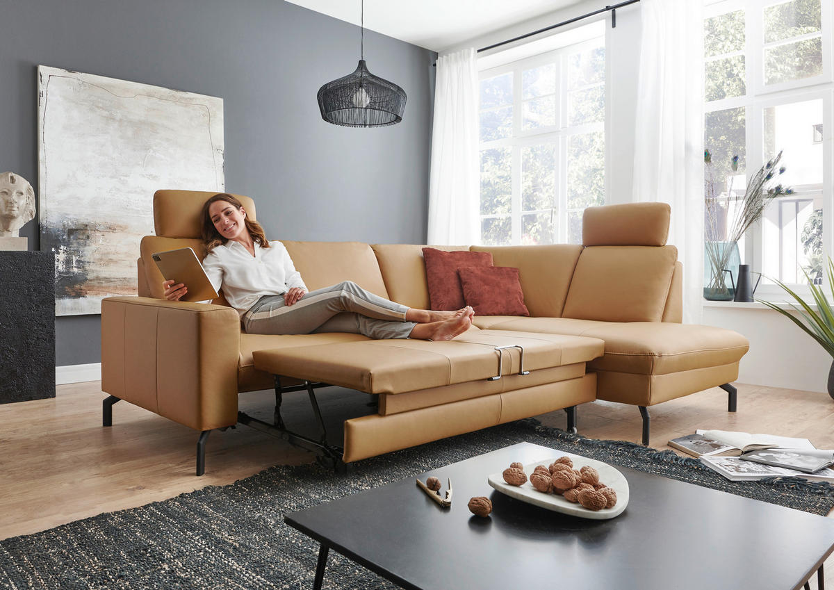 ECKSOFA in Echtleder Currygelb  - Currygelb/Schwarz, Design, Leder/Metall (194/250cm) - Beldomo Premium