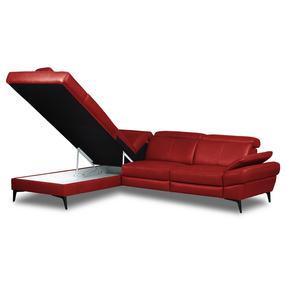 ECKSOFA Rot Echtleder Lederlook Bettkasten, Schlaffunktion, Rücken echt, Armteilverstellung, Kopfteilverstellung  - Rot/Schwarz, Design, Leder/Textil (211/264cm) - Livetastic
