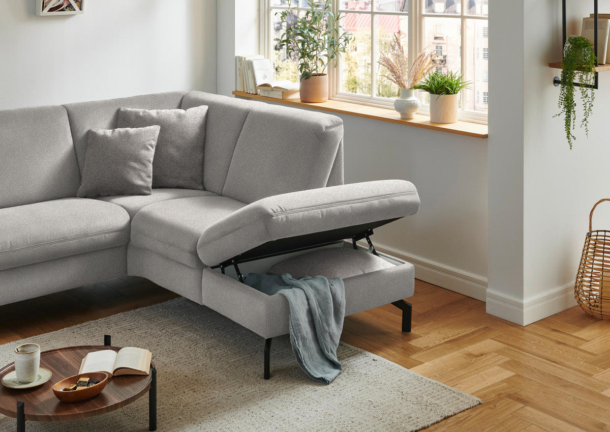 ECKSOFA in Flachgewebe Ecru  - Ecru/Schwarz, Konventionell, Textil/Metall (241/190cm) - Beldomo Comfort