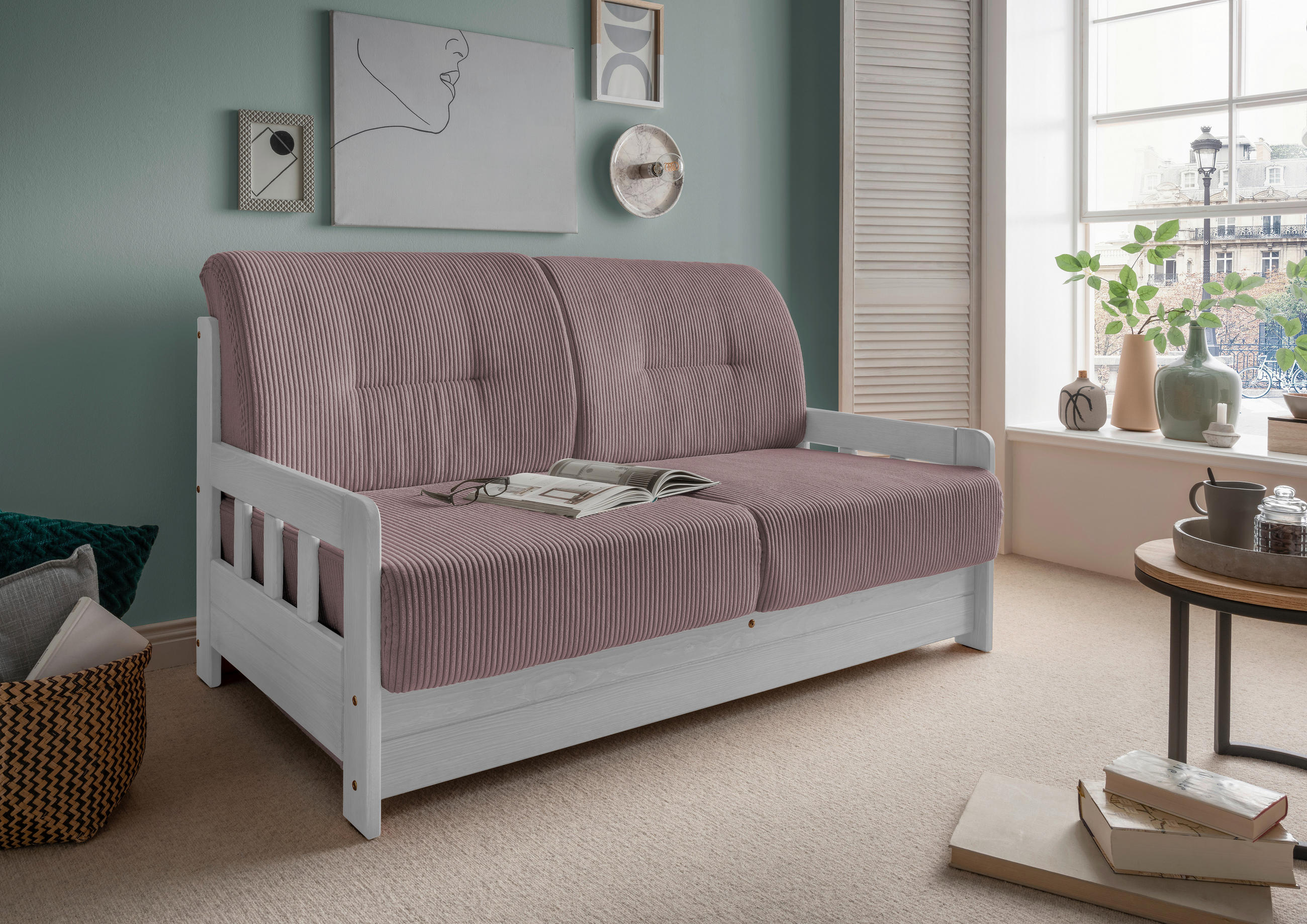 SCHLAFSOFA in Textil Rosa  - Weiss/Rosa, Modern, Holz/Textil (154/88/90cm) - Livetastic