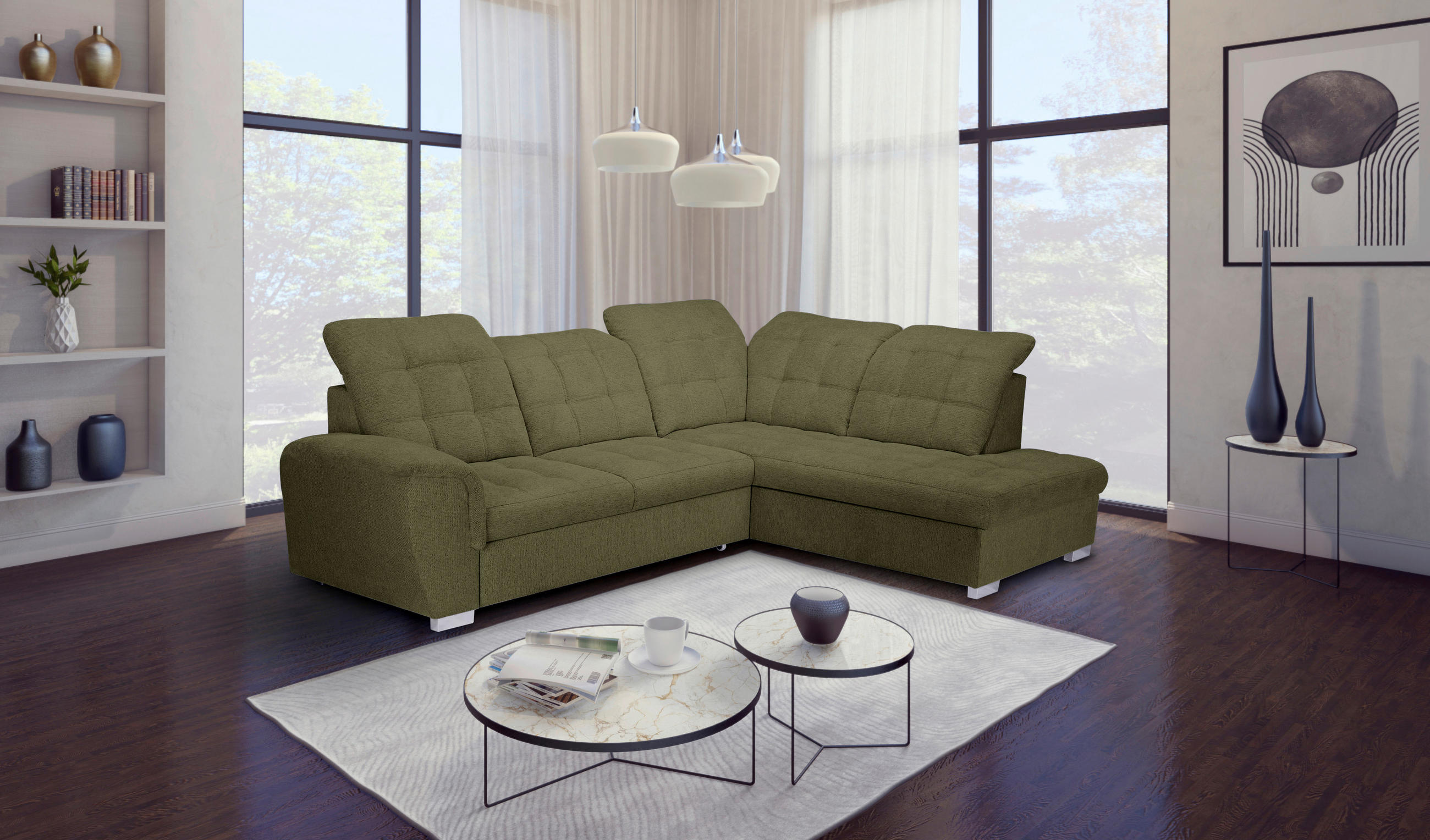 ECKSOFA Olivgrün Chenille  - Chromfarben/Olivgrün, KONVENTIONELL, Kunststoff/Textil (260/205cm) - Carryhome