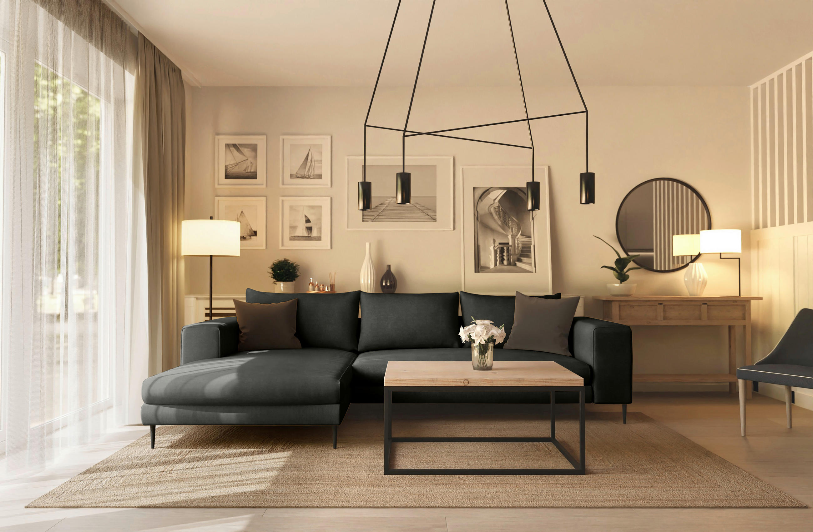 Thumbnail - Trendmanufaktur Ecksofa Aurora, Graphit, Textil, 4-Sitzer, Füllung: Schaumstoff, Silikon, Ottomane links, L-Form, 275x17...