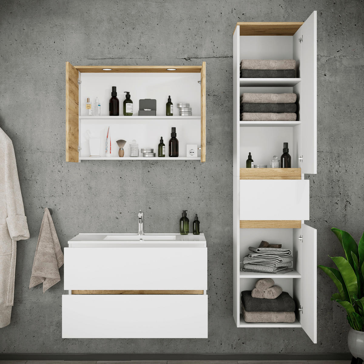 BADEZIMMER 4-teilig  in 121 cm  - Honigeiche/Weiß, Trend, Keramik/Holzwerkstoff (121cm) - MID.YOU
