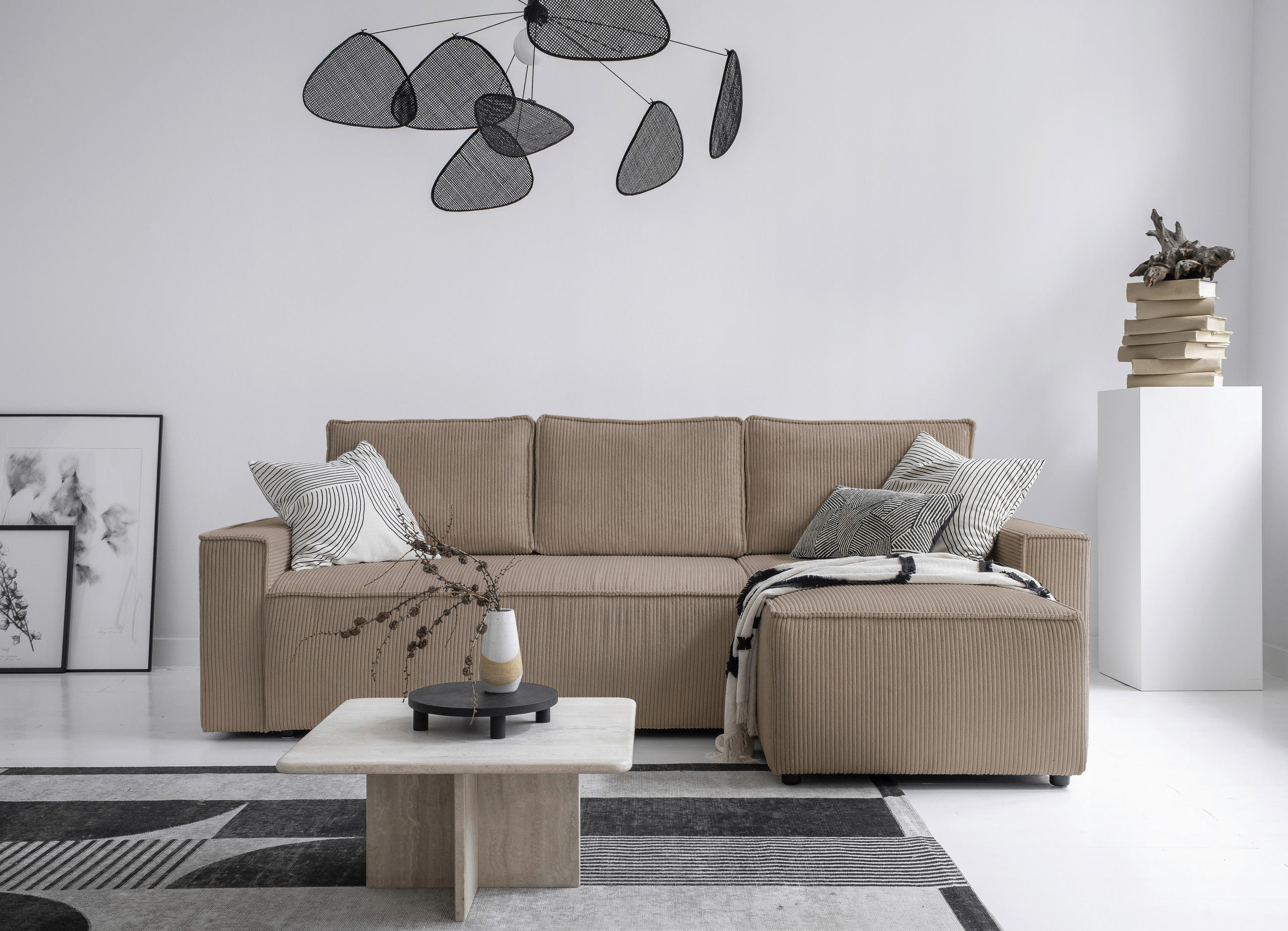 ECKSOFA in Cord Taupe  - Taupe/Schwarz, Design, Kunststoff/Textil (250/156cm) - MID.YOU