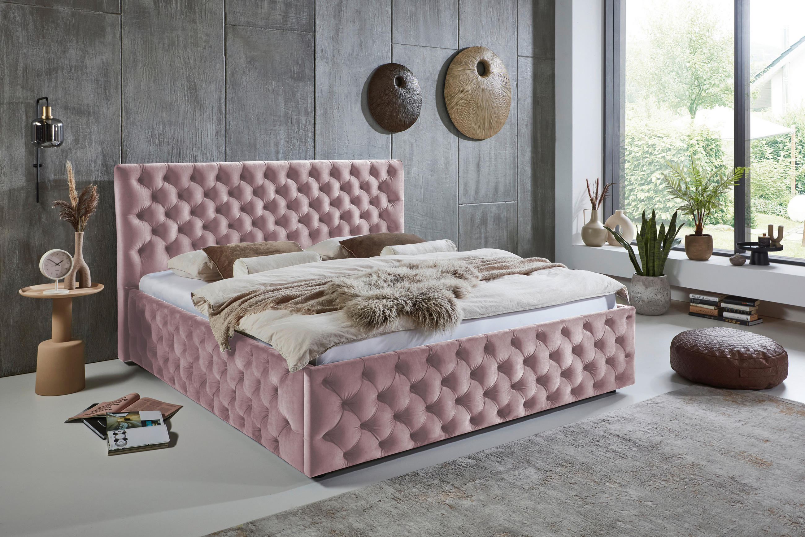 POLSTERBETT 140/200 cm,  in Flieder, gepolstertes Kopfteil,  - Flieder/Schwarz, KONVENTIONELL, Kunststoff/Textil (140/200cm) - home24