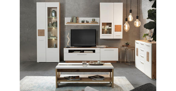 WOHNWAND  in Weiß, Eichefarben  300/202/46 cm  - Chromfarben/Eichefarben, KONVENTIONELL, Glas/Holzwerkstoff (300/202/46cm) - Hom`in