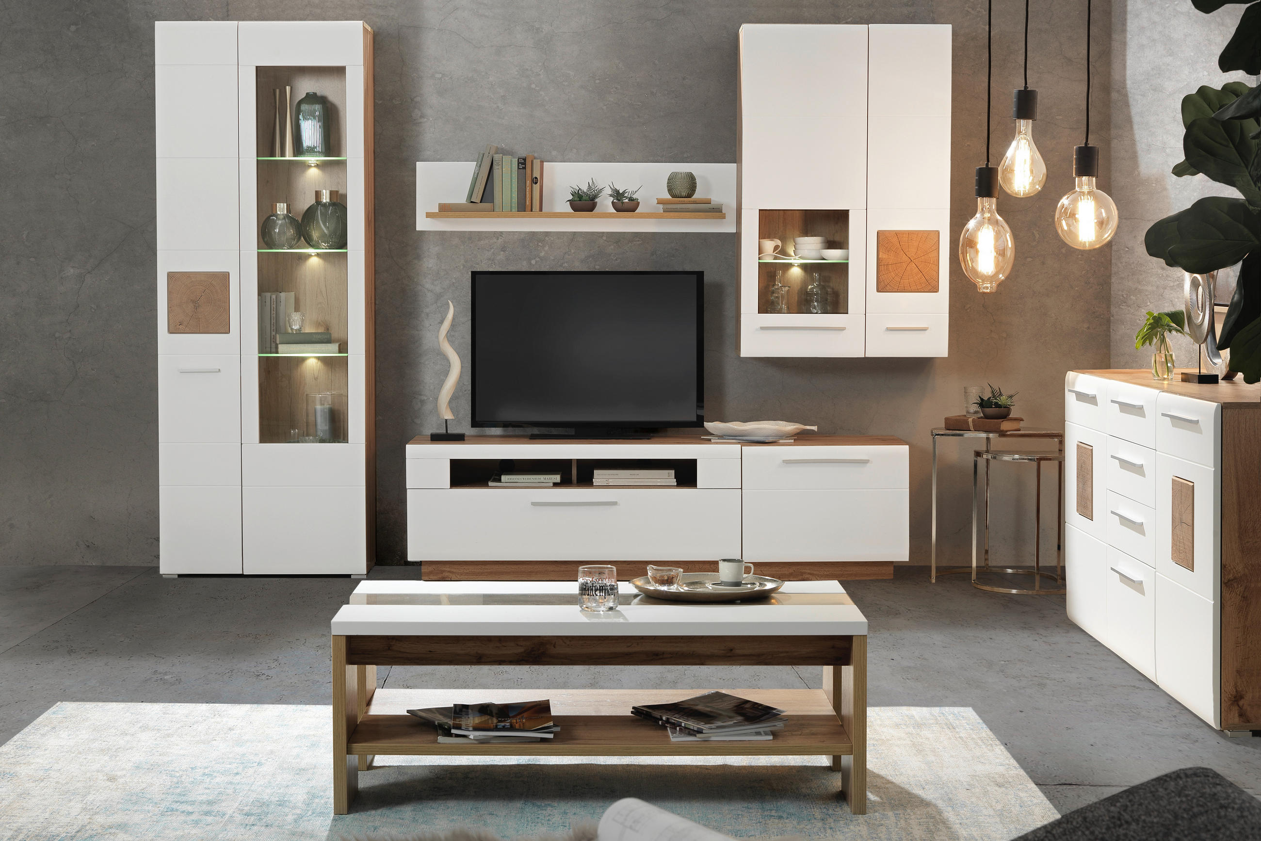 Set Mobilă Living, alb, culoare lemn stejar, 300/202/46 cm