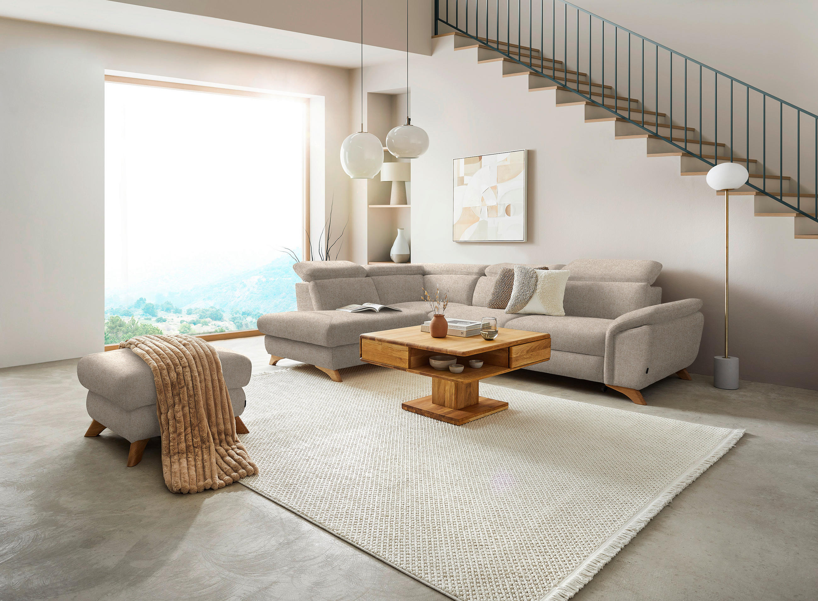 ECKSOFA in Bouclé Beige  - Eichefarben/Beige, Modern, Holz/Textil (212/287cm) - Valnatura