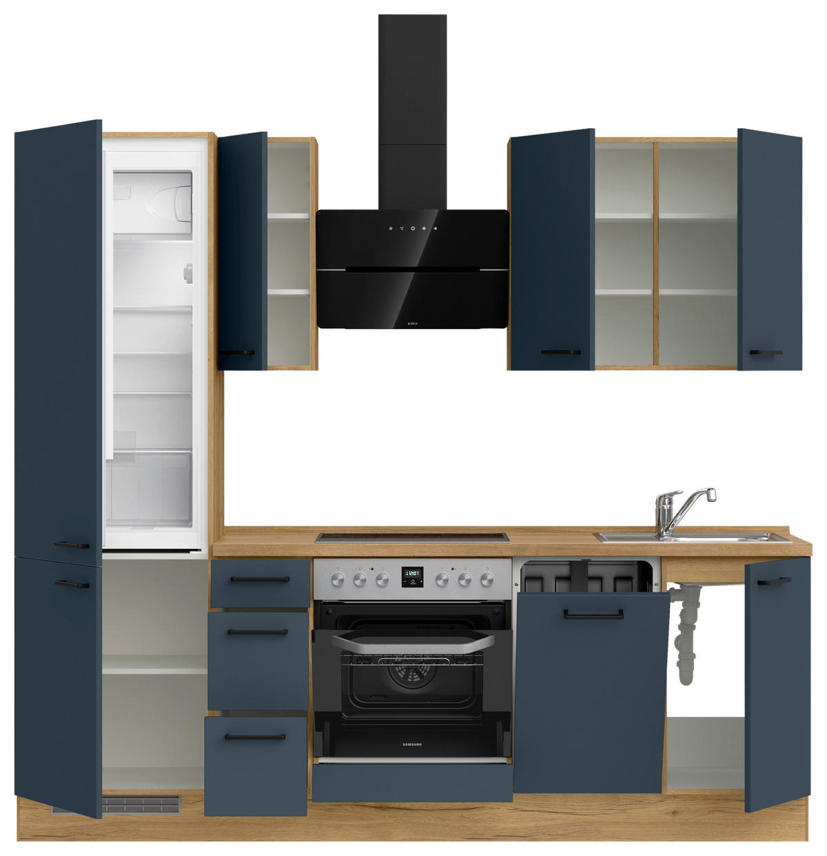 KÜCHENBLOCK Easytouch 240 cm  in Eichefarben, Dunkelblau  - Eichefarben/Schwarz, MODERN, Holzwerkstoff/Metall (240cm) - Nobilia