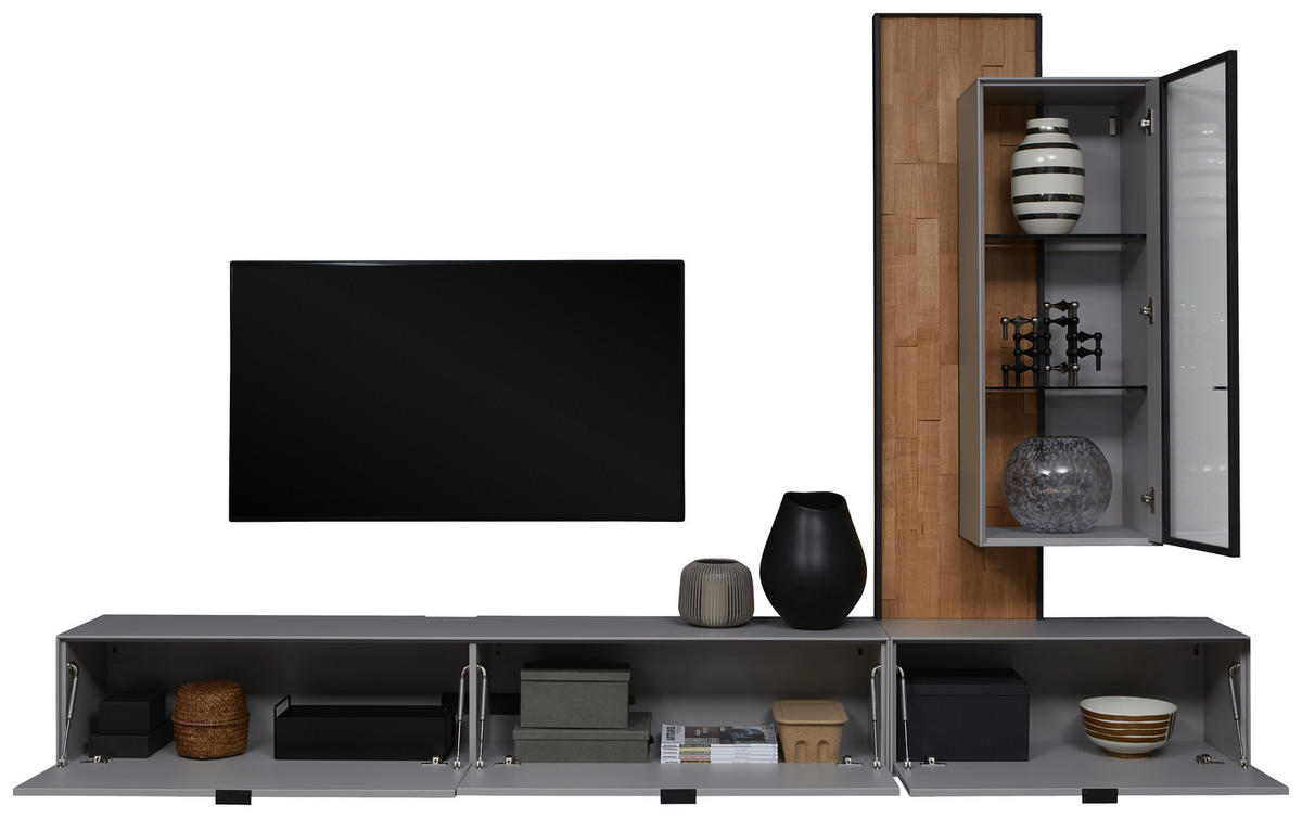 WOHNWAND  in Grau, Wildeiche 303,8/220,3/37,1 cm  - Wildeiche/Schwarz, Design, Glas/Holz (303,8/220,3/37,1cm) - Dieter Knoll