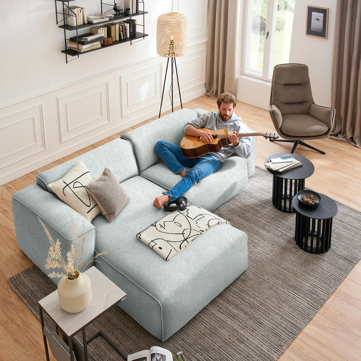 ECKSOFA in Webstoff Hellgrau  171/265 cm  - Hellgrau/Schwarz, Design, Kunststoff/Textil (171/265cm) - home24