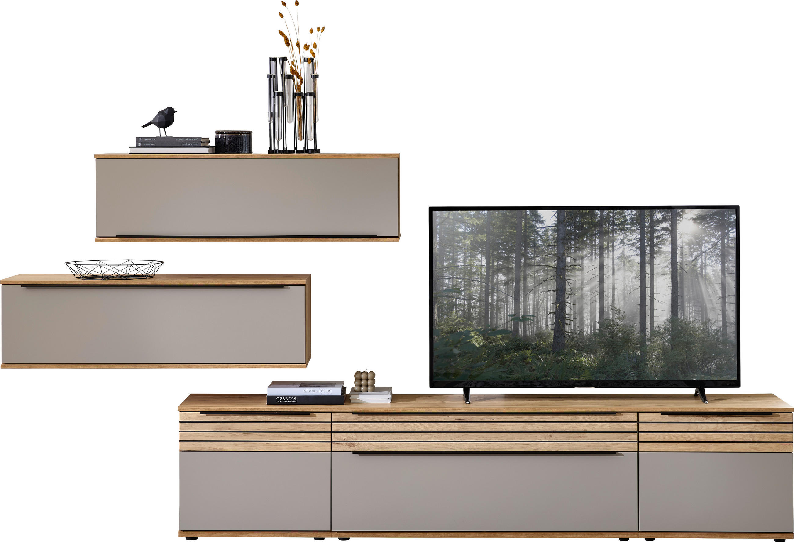 WOHNWAND  in Grau, Eichefarben  300/215/45 cm  - Eichefarben/Schwarz, KONVENTIONELL, Holzwerkstoff/Kunststoff (300/215/45cm) - Venda