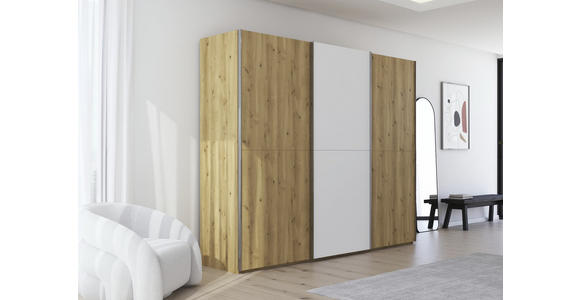 SCHWEBETÜRENSCHRANK 270/223/68 cm 3-türig Weiß, Eichefarben, Chromfarben  - Chromfarben/Eichefarben, Design, Glas/Holz (270/223/68cm) - Novel