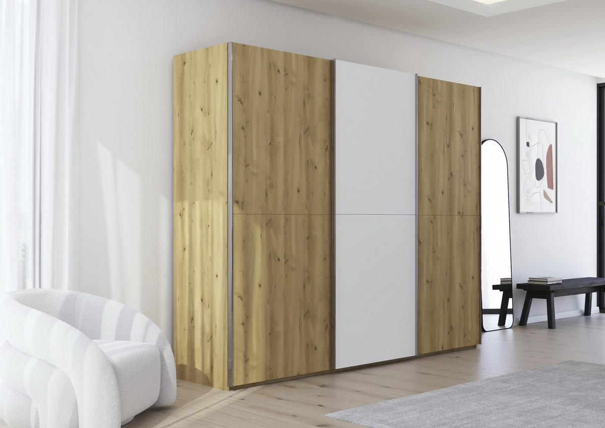 SCHWEBETÜRENSCHRANK 270/223/68 cm 3-türig Weiß, Eichefarben, Chromfarben  - Chromfarben/Eichefarben, Design, Glas/Holz (270/223/68cm) - Novel