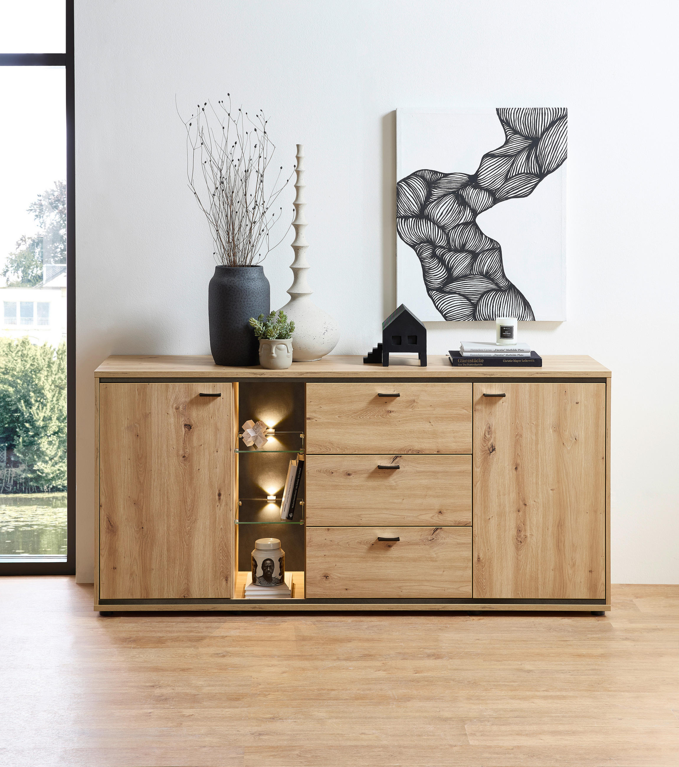 SIDEBOARD Anthrazit, Eiche Artisan  180/86/49 cm  - Anthrazit/Schwarz, Design, Glas/Holzwerkstoff (180/86/49cm) - Stylife