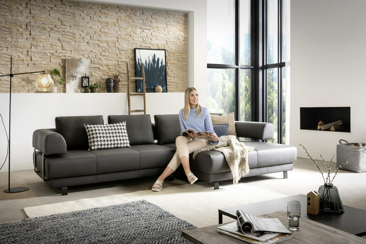 ECKSOFA in Echtleder Schieferfarben  - Schieferfarben/Schwarz, Design, Leder/Metall (307/188cm)