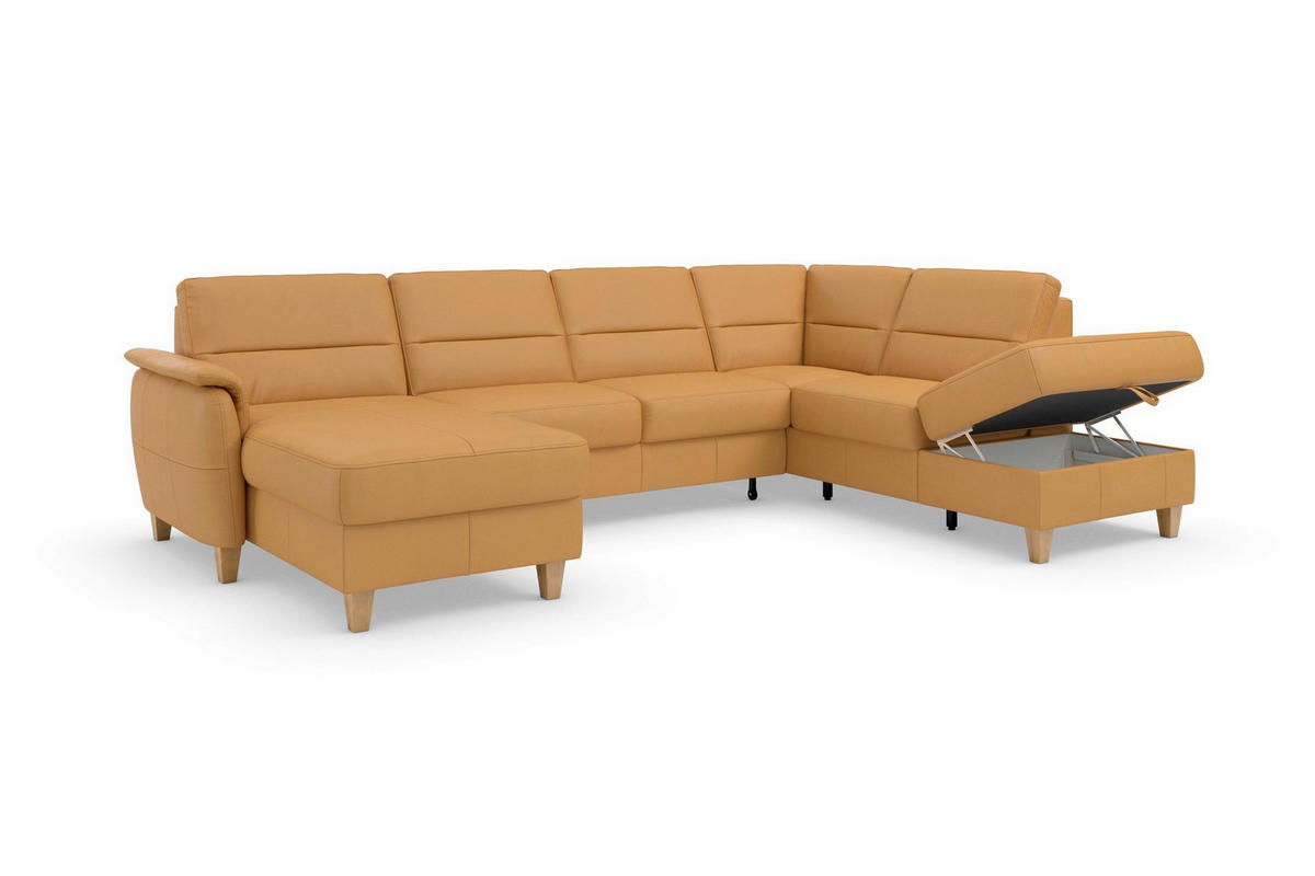 SEDACIA SÚPRAVA, textil, koža, kari žltá - farba duba/kari žltá, Basics, koža/drevo (163/308/212cm) - Sit & More