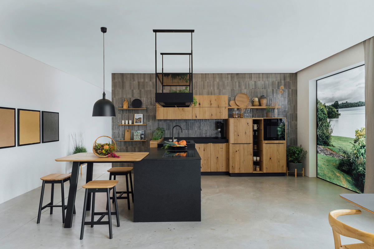 EINBAUKÜCHE   - Eichefarben/Dunkelgrau, Natur, Glas/Holz - Walden