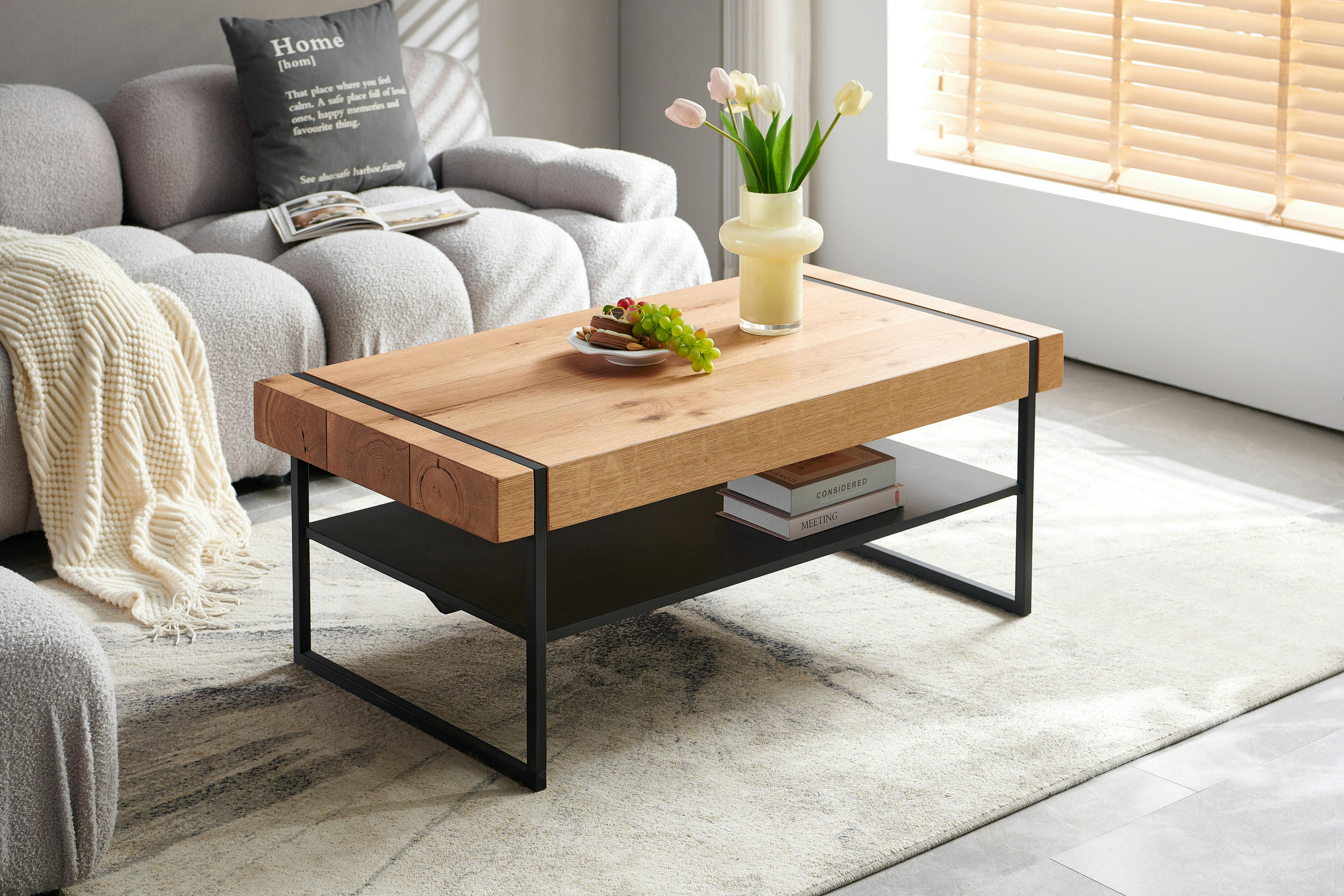 Thumbnail - Livetastic Couchtisch, Natur, Schwarz, Holz, Metall, Eiche, furniert, massiv, rechteckig, eckig, 110x45x59 cm, Wohnzimme...