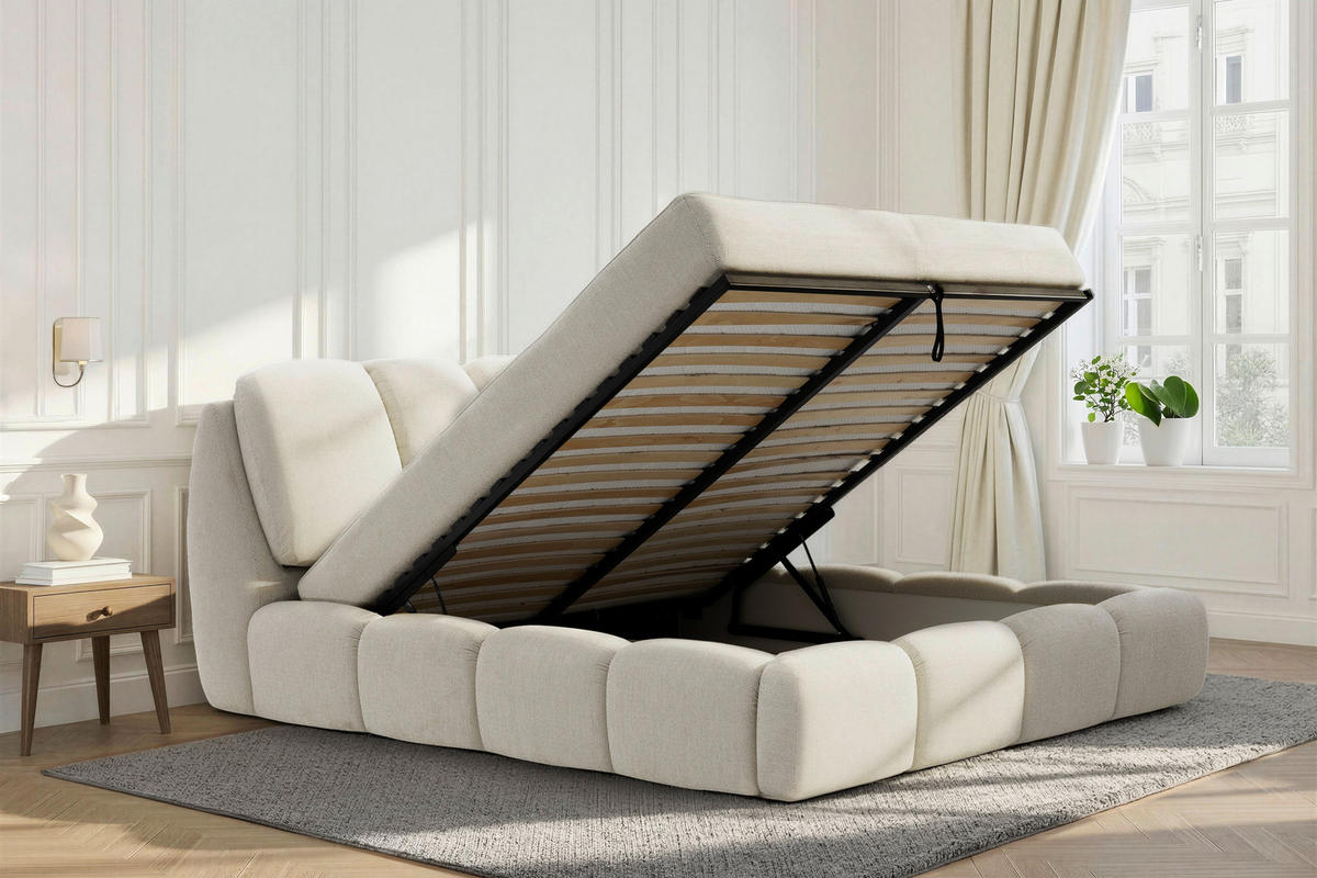 POLSTERBETT 180/200 cm,  in Creme, gepolstertes Kopfteil, Lattenrost, Bettkasten,  - Creme/Schwarz, Design, Holz/Kunststoff (180/200cm) - Chameo