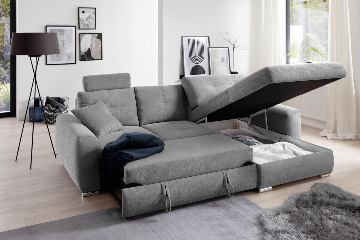 ECKSOFA in Mikrofaser Hellgrau  - Chromfarben/Hellgrau, Modern, Kunststoff/Textil (276/193cm) - Hom`in