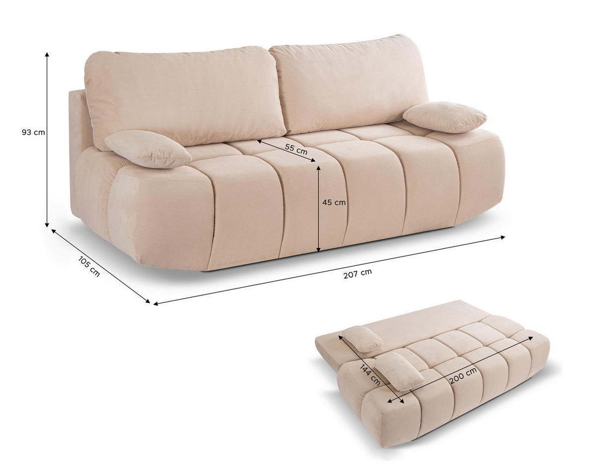 SCHLAFSOFA LAUDER  mit Cord Beige  - Beige/Schwarz, Basics, Kunststoff/Textil (207/93/105cm) - MID.YOU