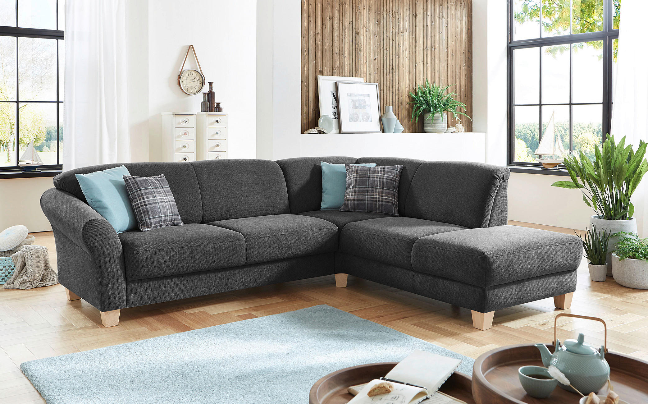 ECKSOFA Schwarz Flachgewebe  - Schwarz/Naturfarben, KONVENTIONELL, Holz/Textil (257/212cm) - Sit & More