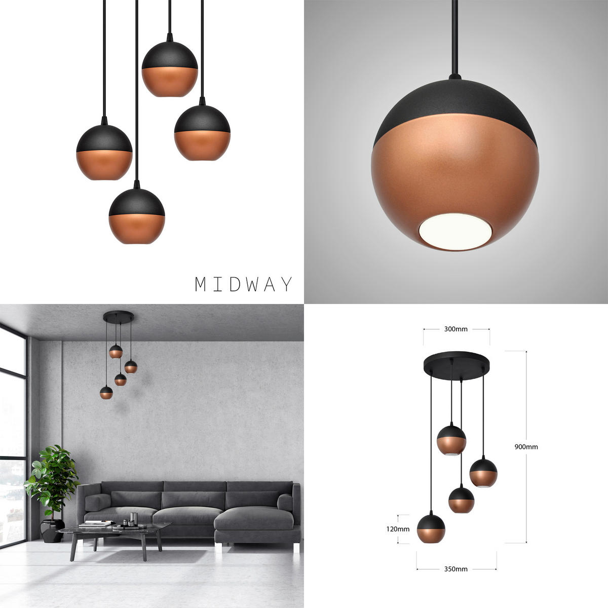 HÄNGELEUCHTE  35/35/90 cm    - Schwarz/Kupferfarben, Trend, Metall (35/35/90cm)