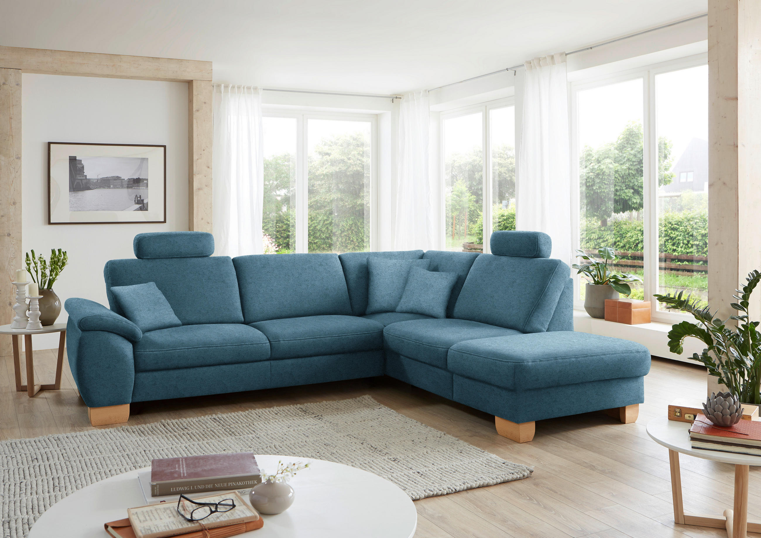 ECKSOFA in Mikrofaser Blau  - Wildeiche/Blau, Natur, Holz/Textil (286/236cm) - Voleo