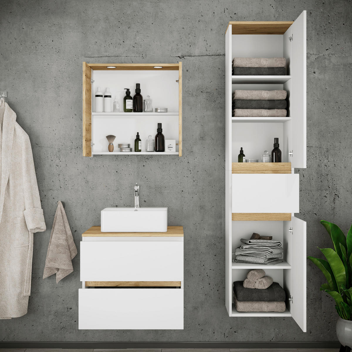 BADEZIMMER 4-teilig  in 90 cm  - Honigeiche/Weiß, Trend, Keramik/Holzwerkstoff (90cm) - MID.YOU