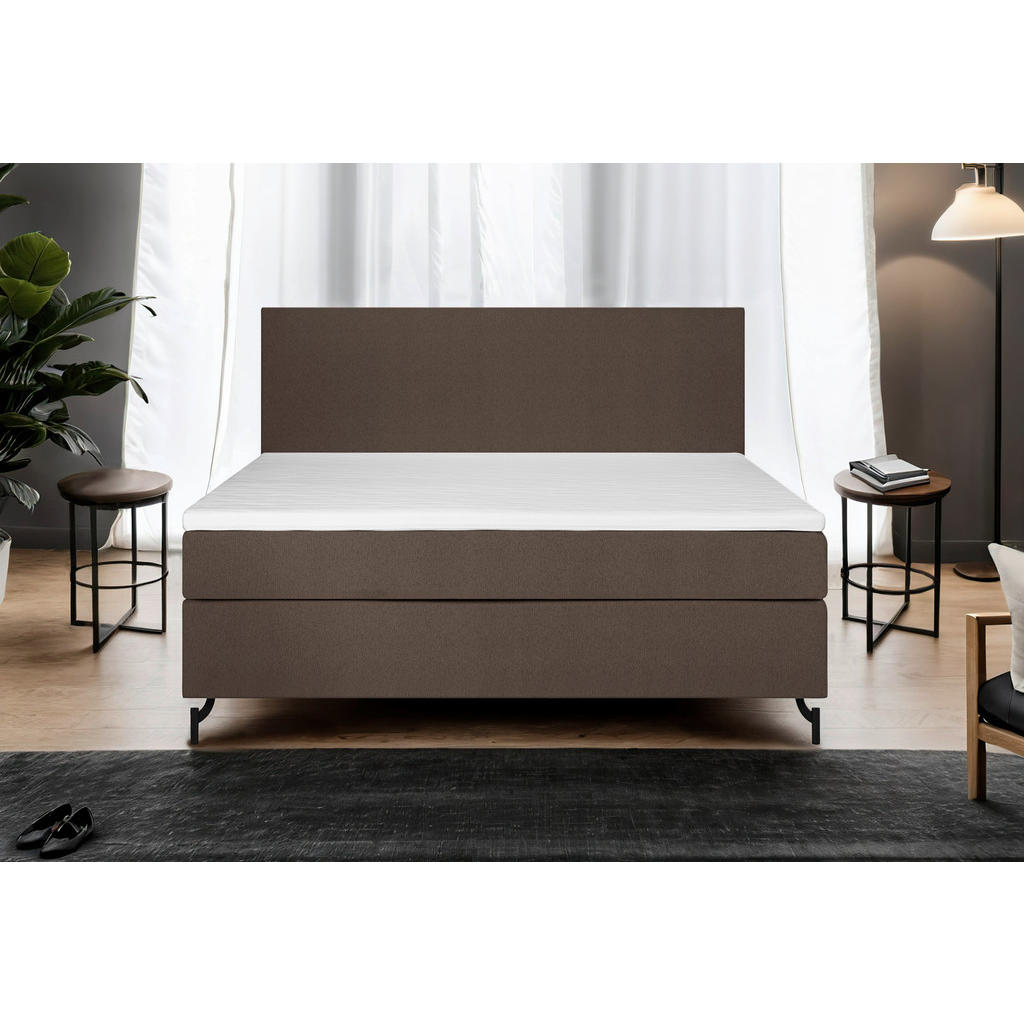 Thumbnail - Mid.you Boxspringbett, Braun, Textil, H3, Höhe ca. 19 cm, 160x200 cm, gepolstertes Kopfteil, Topper durchgehend, in vers...